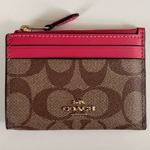 Coach card holder w/ ID window zipper closure key ring coated canvas w/ leather